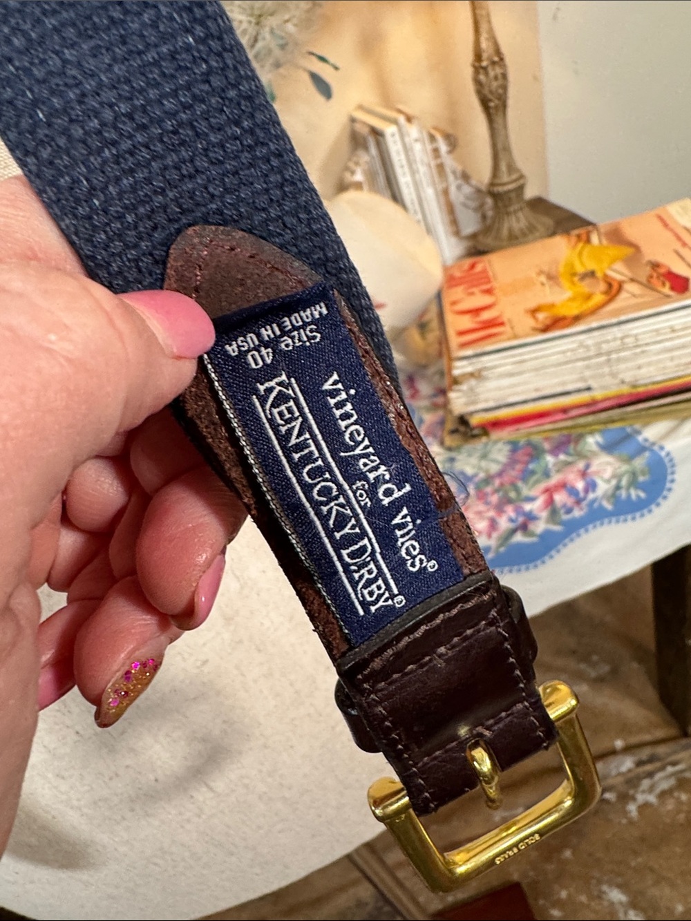 Vineyard Vines for Kentucky Derby Navy Webbing Belt w/Brown Leather & Brass - Picture 2 of 6
